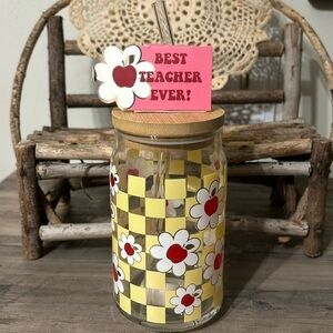 NEW! SHEFFIELD HOME BEST TEACHER EVER YELLOW CHECKERBOARD DRINING GLASS W/ STRAW